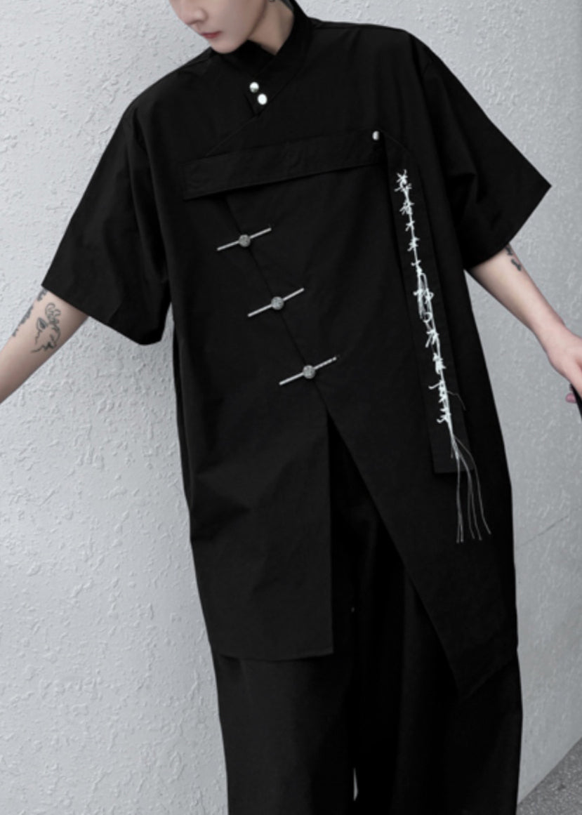 Summer Black Front Embroideried Shirt Open Loose Men Cotton