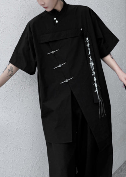 Summer Black Front Embroideried Shirt Open Loose Men Cotton