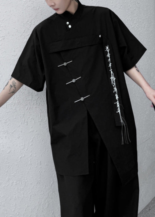 Summer Black Front Embroideried Shirt Open Loose Men Cotton