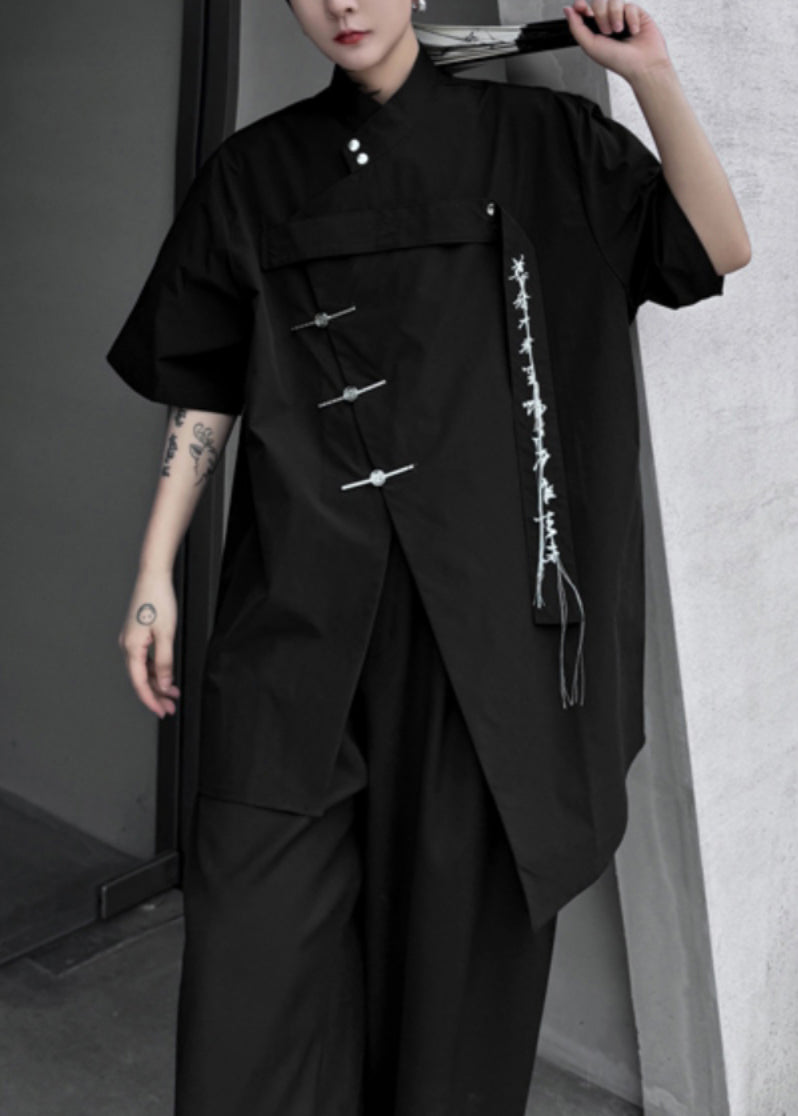 Summer Black Front Embroideried Shirt Open Loose Men Cotton