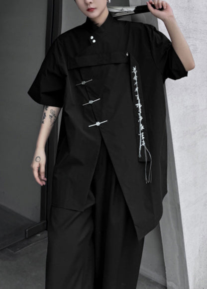 Summer Black Front Embroideried Shirt Open Loose Men Cotton