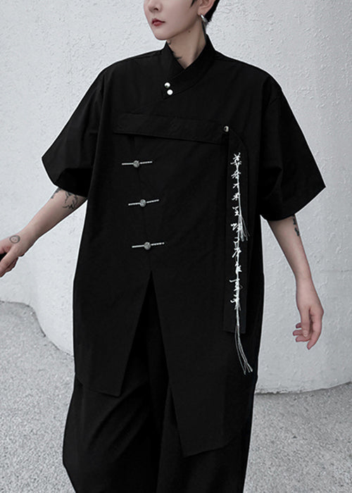 Summer Black Front Embroideried Shirt Open Loose Men Cotton