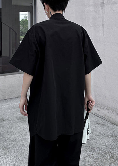 Summer Black Front Embroideried Shirt Open Loose Men Cotton