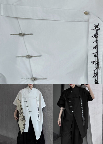 Summer Black Front Embroideried Shirt Open Loose Men Cotton