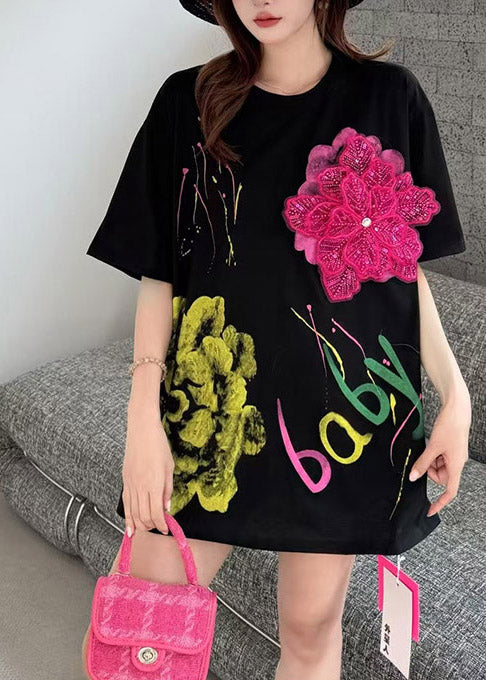 Floral Black Print Tanks Cotton Decorated Summer Graffiti