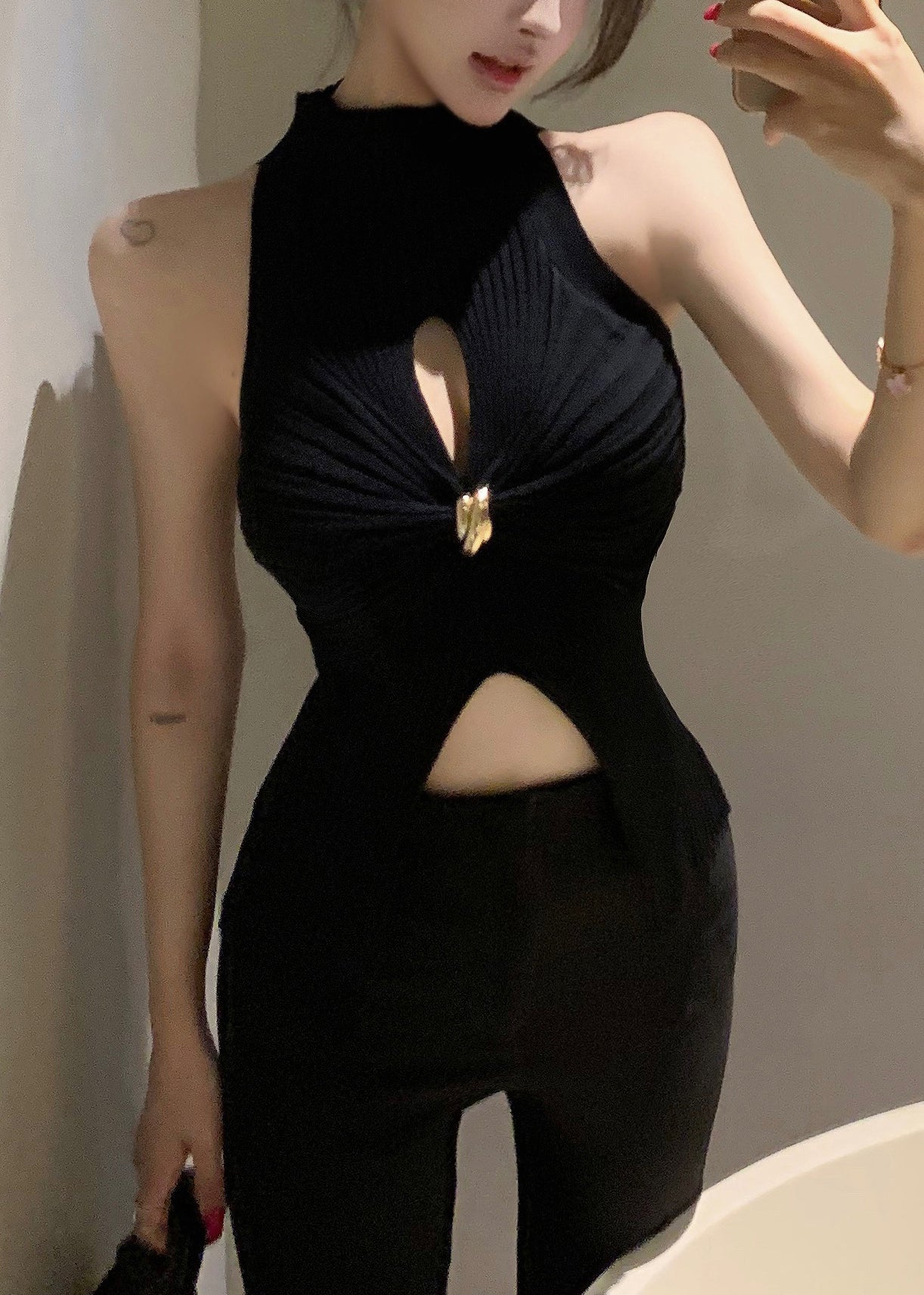 Black Knit Sleeveless Out Hollow Turtleneck Tank