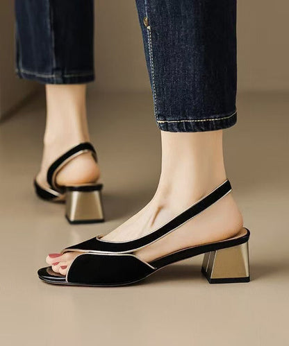 Black Sandals Splicing Chunky Peep Hollow Suede Out Toe