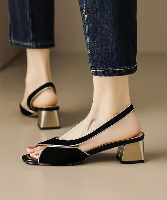 Black Sandals Splicing Chunky Peep Hollow Suede Out Toe