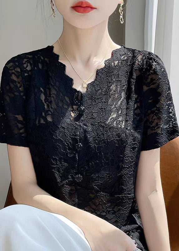 V Lace Hollow Neck Out Black Solid Summer Shirt