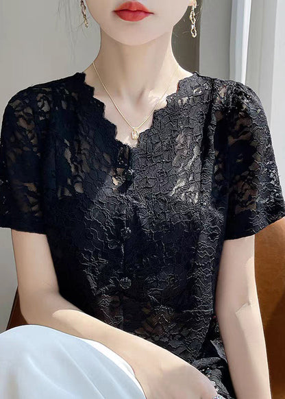 V Lace Hollow Neck Out Black Solid Summer Shirt