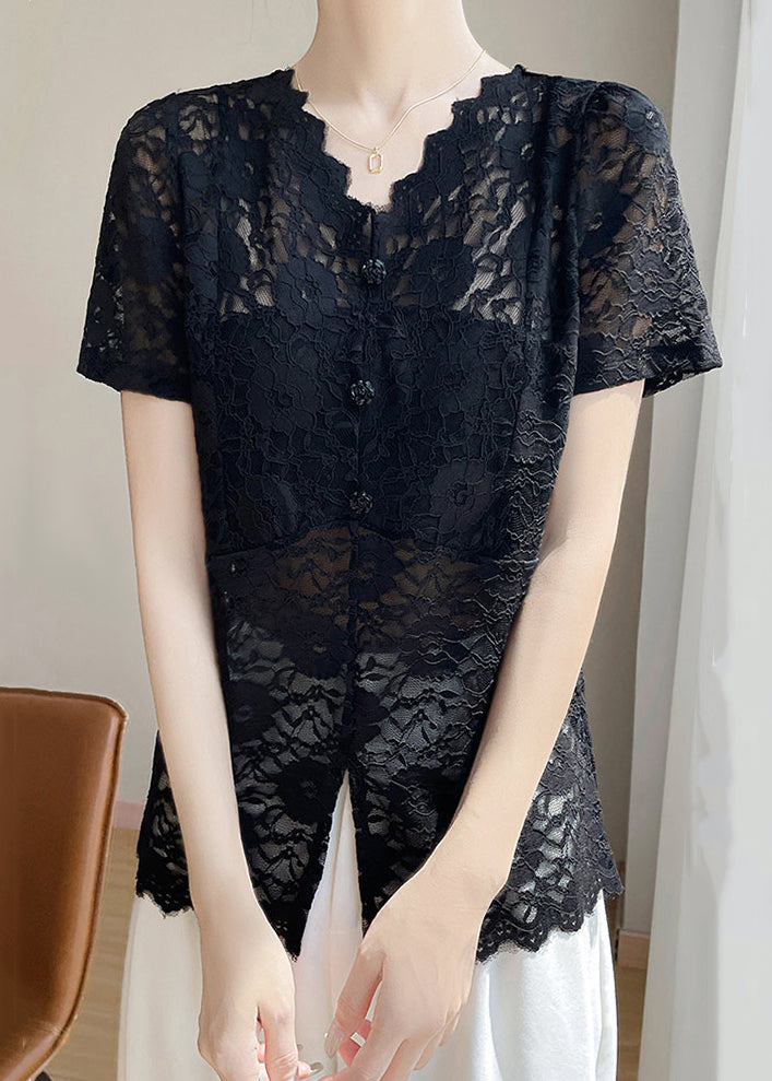 V Lace Hollow Neck Out Black Solid Summer Shirt