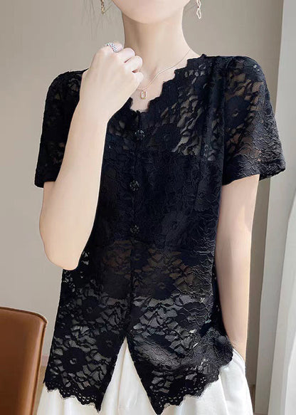 V Lace Hollow Neck Out Black Solid Summer Shirt