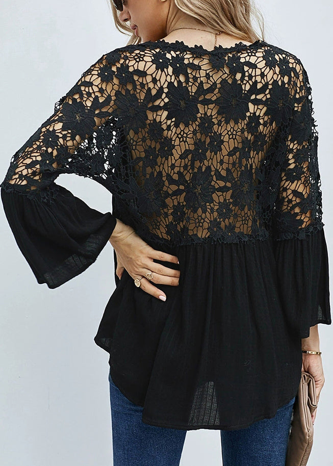 Hollow Solid Tops V Fall Neck Black Out