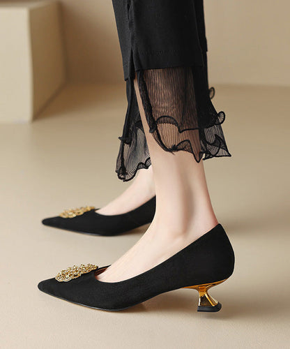 Pointed Splicing Kitten Toe High Black French Heels Suede