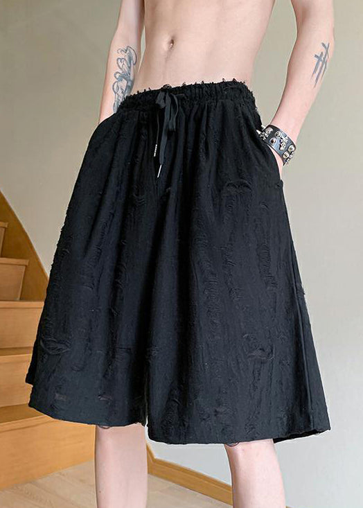 Hole Cotton Black Shorts Up Waist Men Elastic Summer Lace