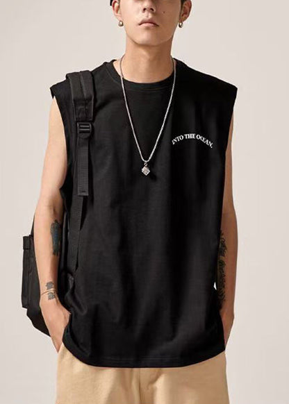 Black Cotton Sleeveles Print Tank Letter Neck Men O
