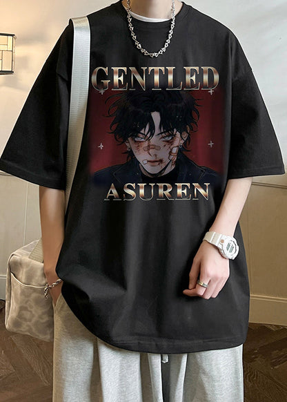 Black Print Letter Mens O Neck Loose Cotton T Shirts Summer