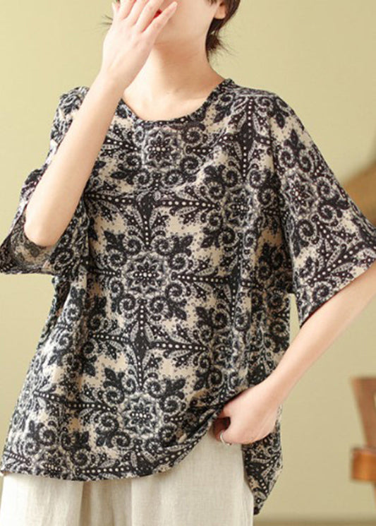 Patchwork Top Black Short O-Neck Sleeve