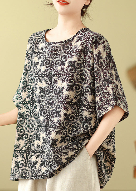 Patchwork Top Black Short O-Neck Sleeve