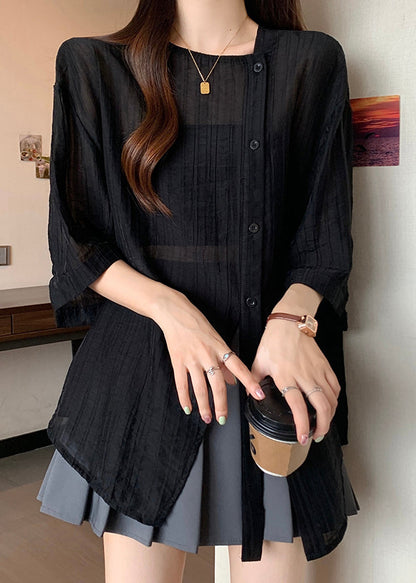 Spring Asymmetrical Patchwork Shirts Chiffon Black