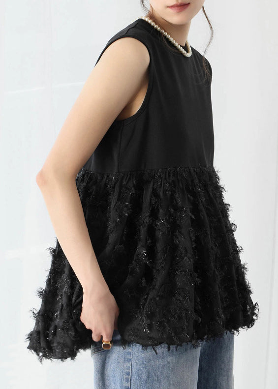 Line Black Cotton Sleeveless Tops A Patchwork Tasseled