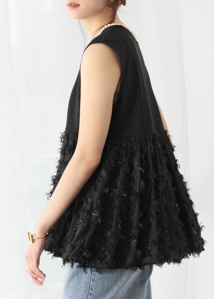 Line Black Cotton Sleeveless Tops A Patchwork Tasseled