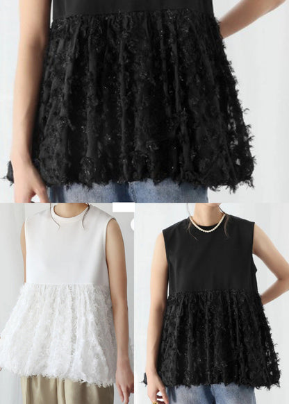 Line Black Cotton Sleeveless Tops A Patchwork Tasseled