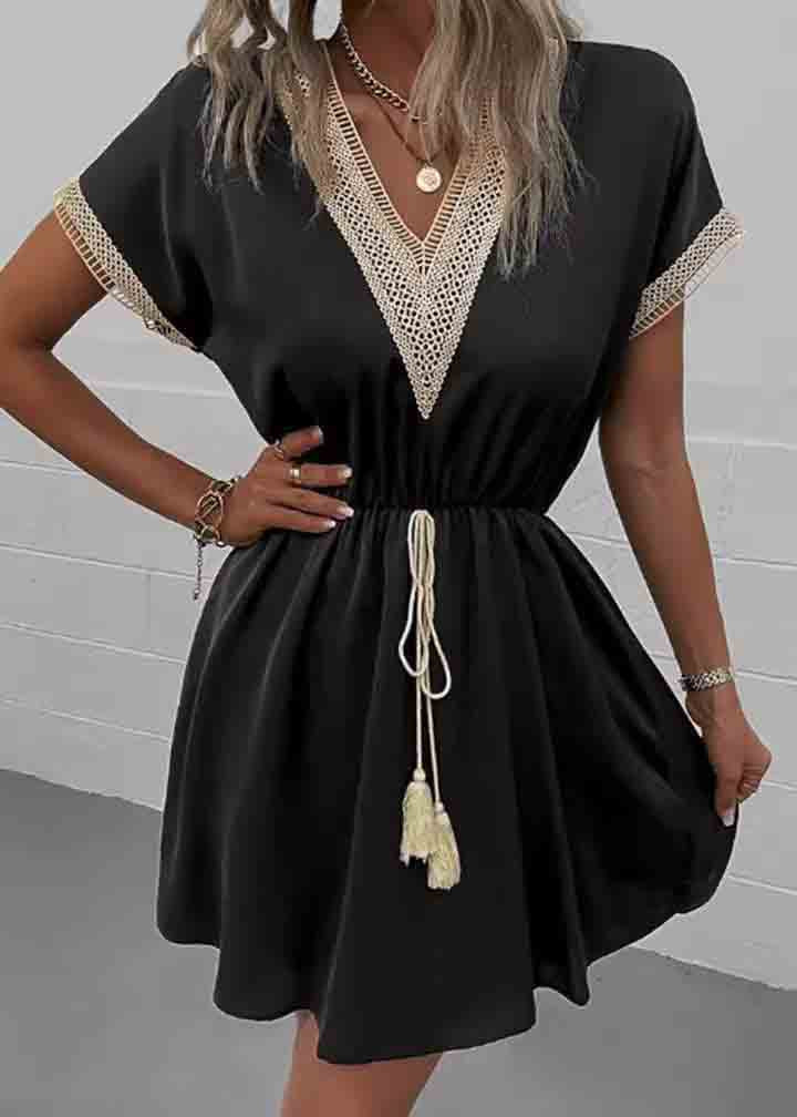 Dress Patchwork V Lace Waist Summer Tie Black Neck