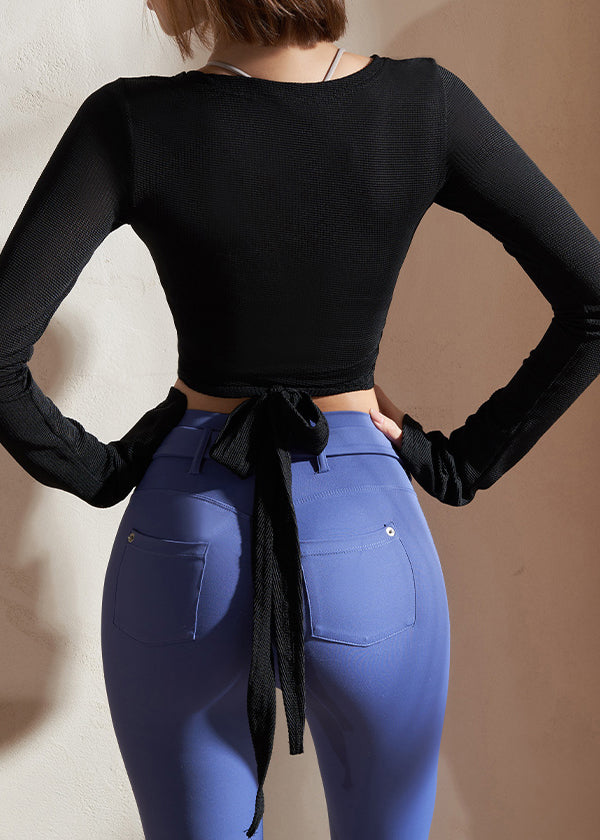 Patchwork Solid Yoga Shirts Black Waist Tie