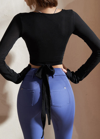 Patchwork Solid Yoga Shirts Black Waist Tie