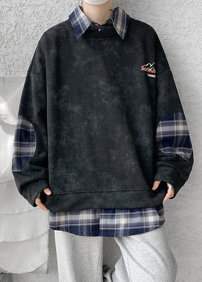 Black Fleece Collar Warm Peter Sweatshirt Men Pan Plaid Patchwork