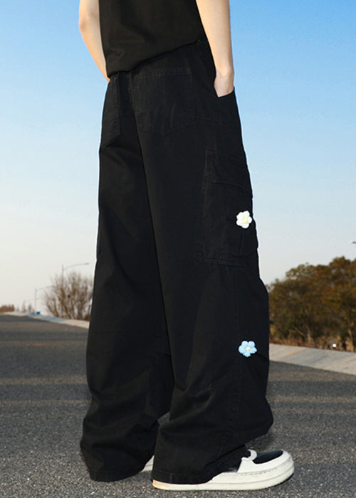 Pants Waist Pockets Cotton Summer High Men Black