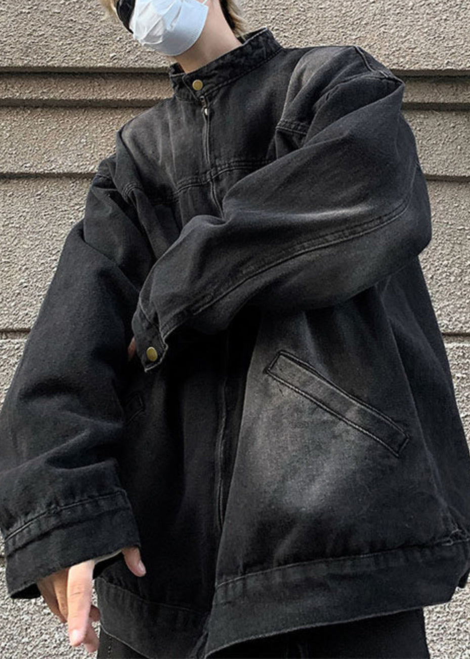 Pockets Stand Fall Coats Black Mens Collar Denim