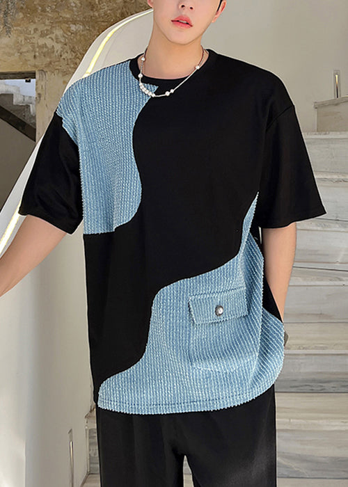 Black Neck Men Denim T O Pockets Patchwork Shirt Summer