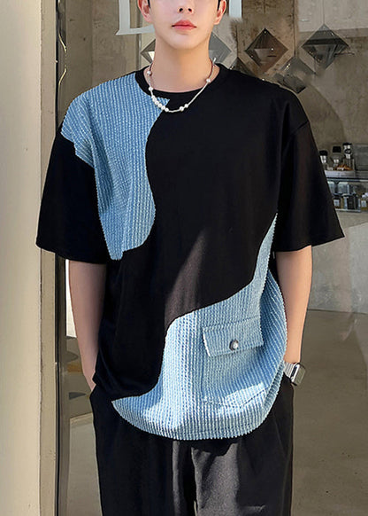 Black Neck Men Denim T O Pockets Patchwork Shirt Summer