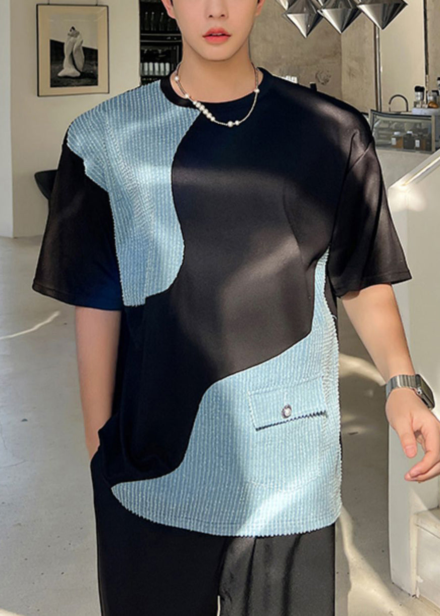 Black Neck Men Denim T O Pockets Patchwork Shirt Summer