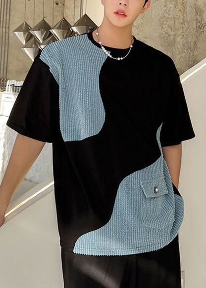 Black Neck Men Denim T O Pockets Patchwork Shirt Summer