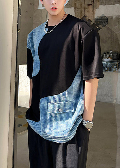 Black Neck Men Denim T O Pockets Patchwork Shirt Summer