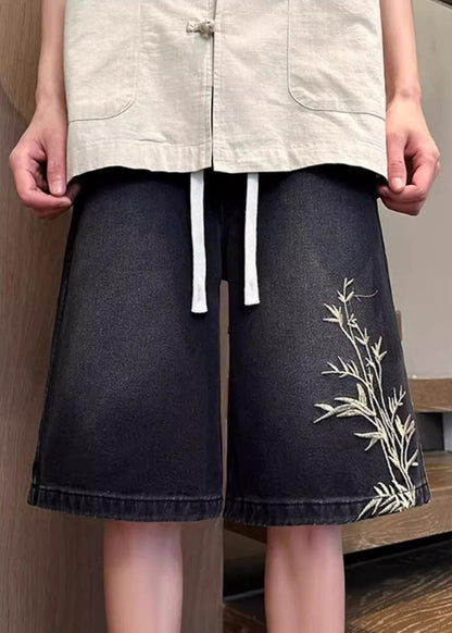Mens Denim Elastic Waist Shorts Embroideried Pockets Black Summer