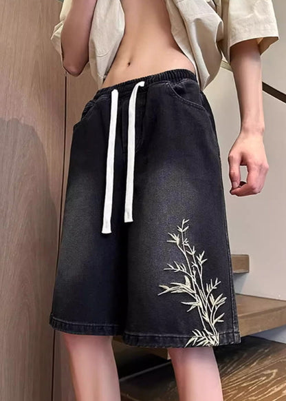 Mens Denim Elastic Waist Shorts Embroideried Pockets Black Summer