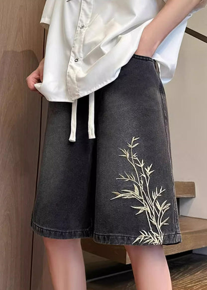 Mens Denim Elastic Waist Shorts Embroideried Pockets Black Summer