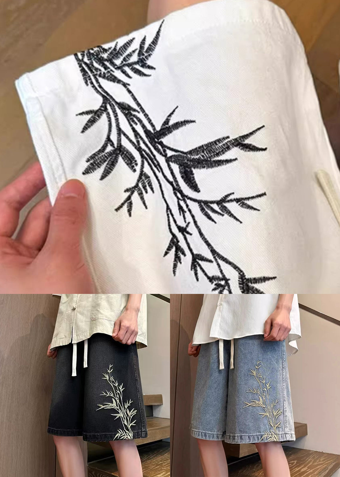 Mens Denim Elastic Waist Shorts Embroideried Pockets Black Summer