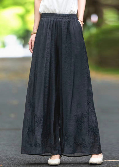 Silk Pockets Elastic Black Summer Embroidered Waist Pants