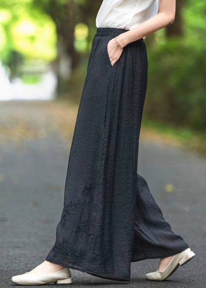 Silk Pockets Elastic Black Summer Embroidered Waist Pants