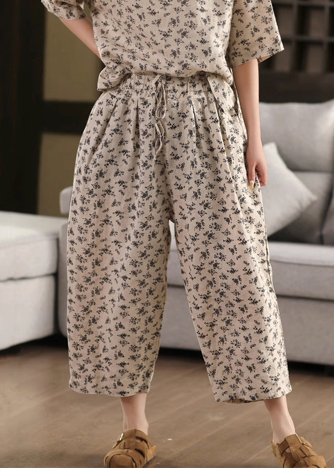 Pants Linen Crop Pockets Elastic Summer Black Waist