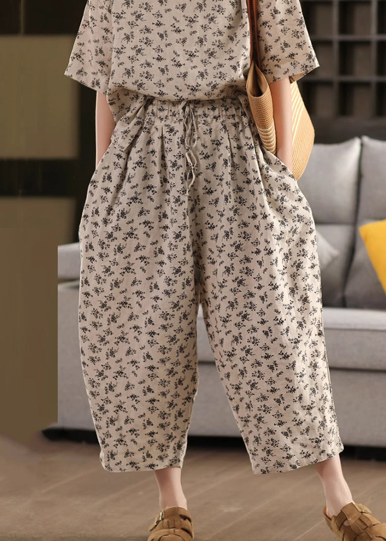 Pants Linen Crop Pockets Elastic Summer Black Waist