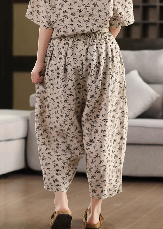 Pants Linen Crop Pockets Elastic Summer Black Waist