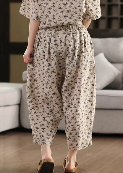 Pants Linen Crop Pockets Elastic Summer Black Waist