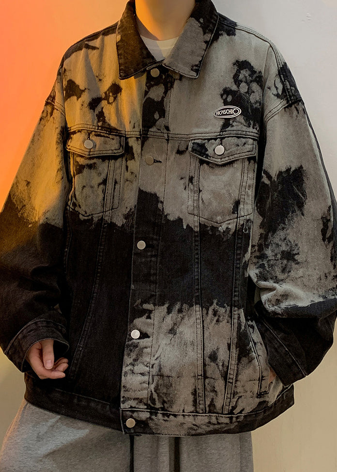 Denim Collar Loose Men Pan Peter Black Coat Pockets Fall