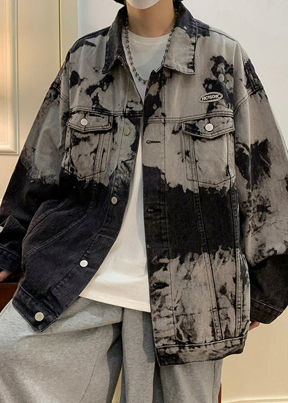 Denim Collar Loose Men Pan Peter Black Coat Pockets Fall